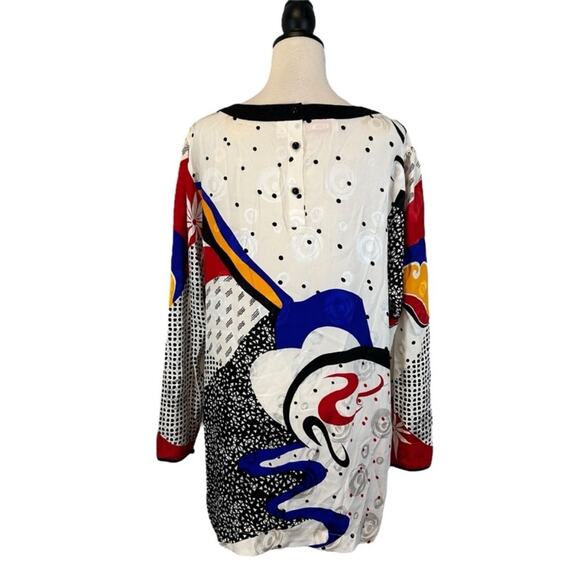 Vintage 80s Silk Abstract Modernist Blouse John Yang Size 14 Tunic Length - Picture 6 of 9